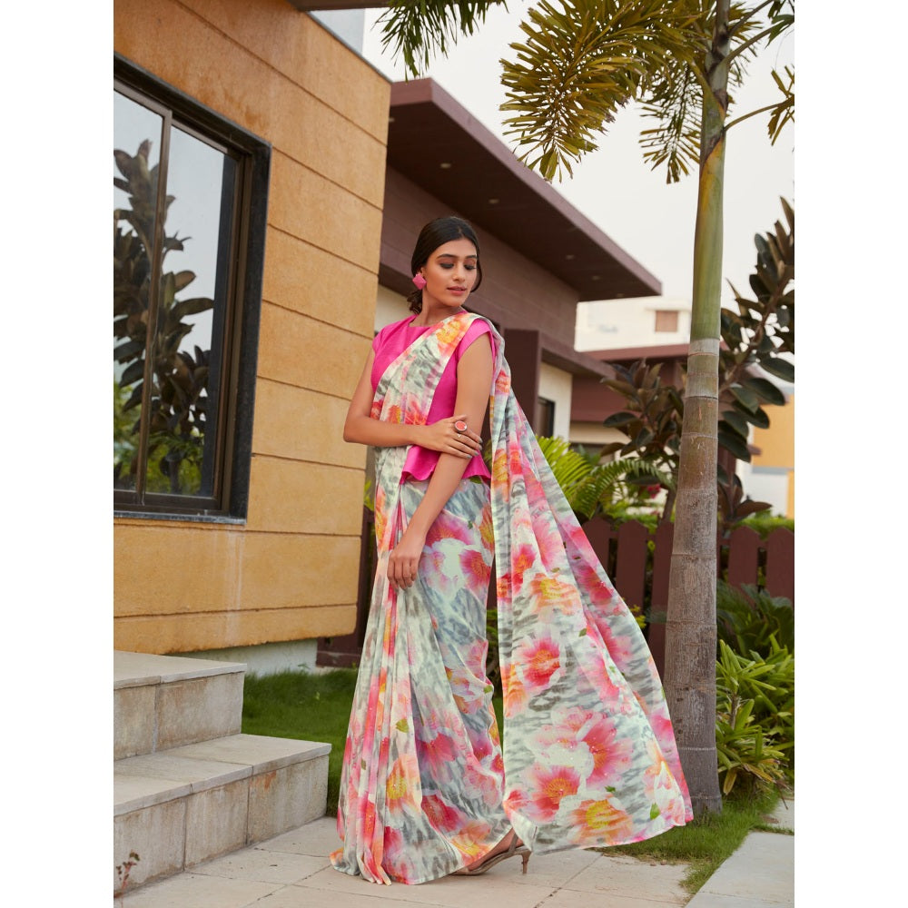 Shaily Multi-Color Georgette Floral With Sequence Work Saree With Unstitched Blouse Piece (Set of 2)