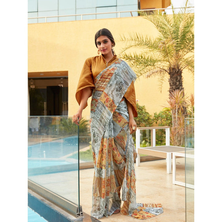 Shaily Multi-Color Grey Georgette Printed Saree With Unstitched Blouse Piece (Set of 2)