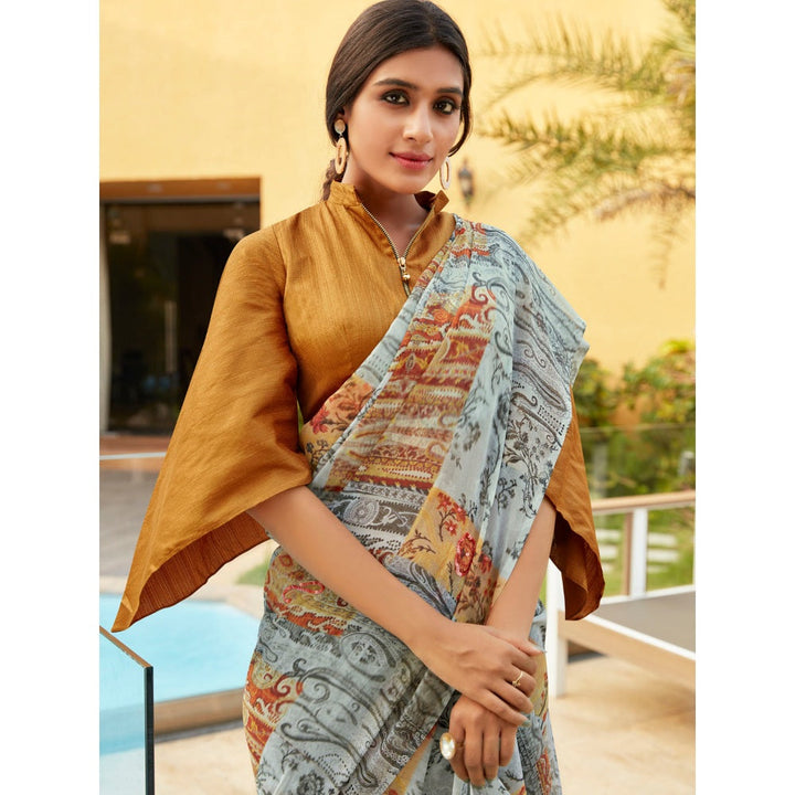 Shaily Multi-Color Grey Georgette Printed Saree With Unstitched Blouse Piece (Set of 2)
