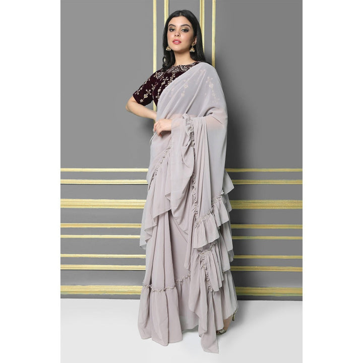 Shaily Women Grey Georgette Embellished Saree With Stitched Blouse