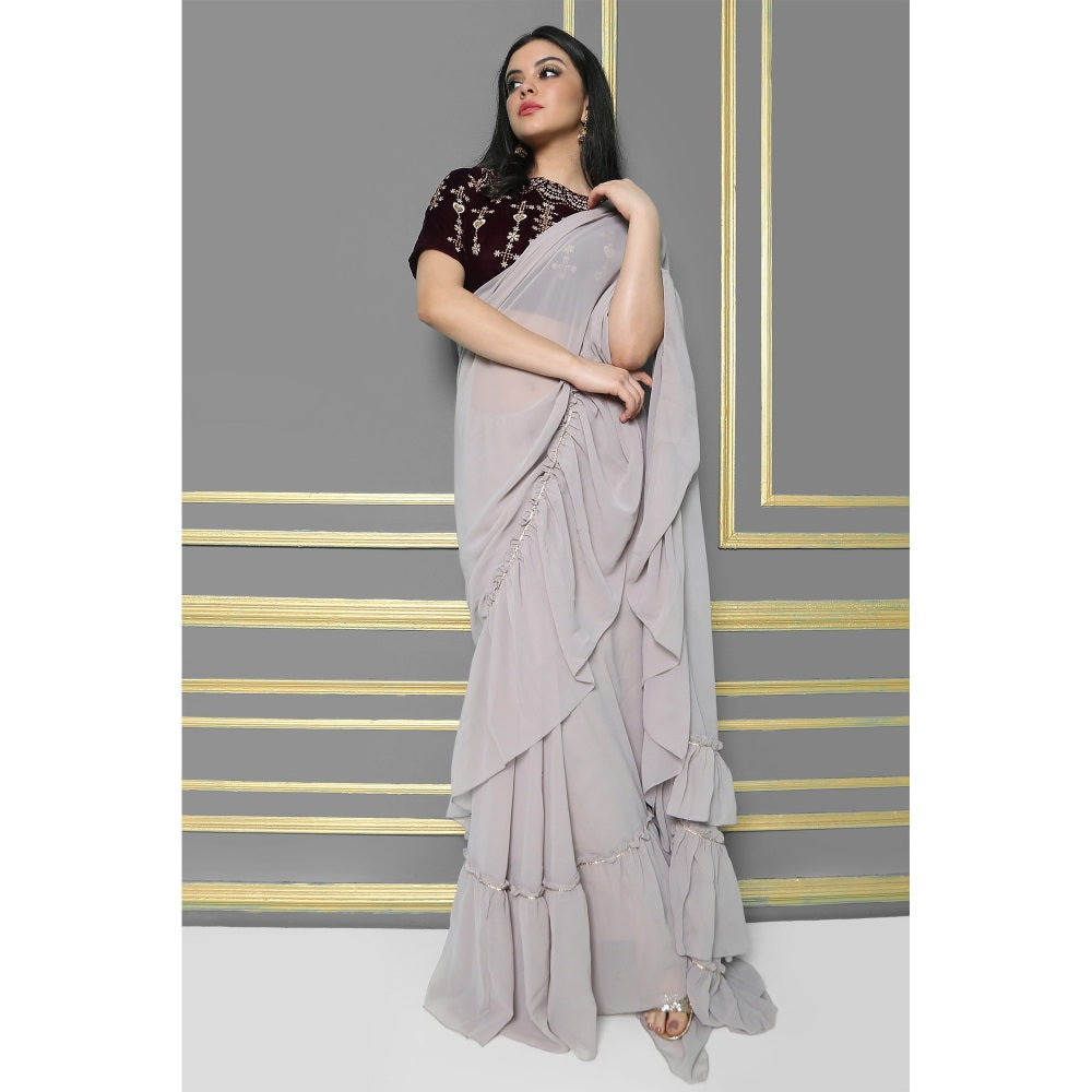 Shaily Women Grey Georgette Embellished Saree With Stitched Blouse