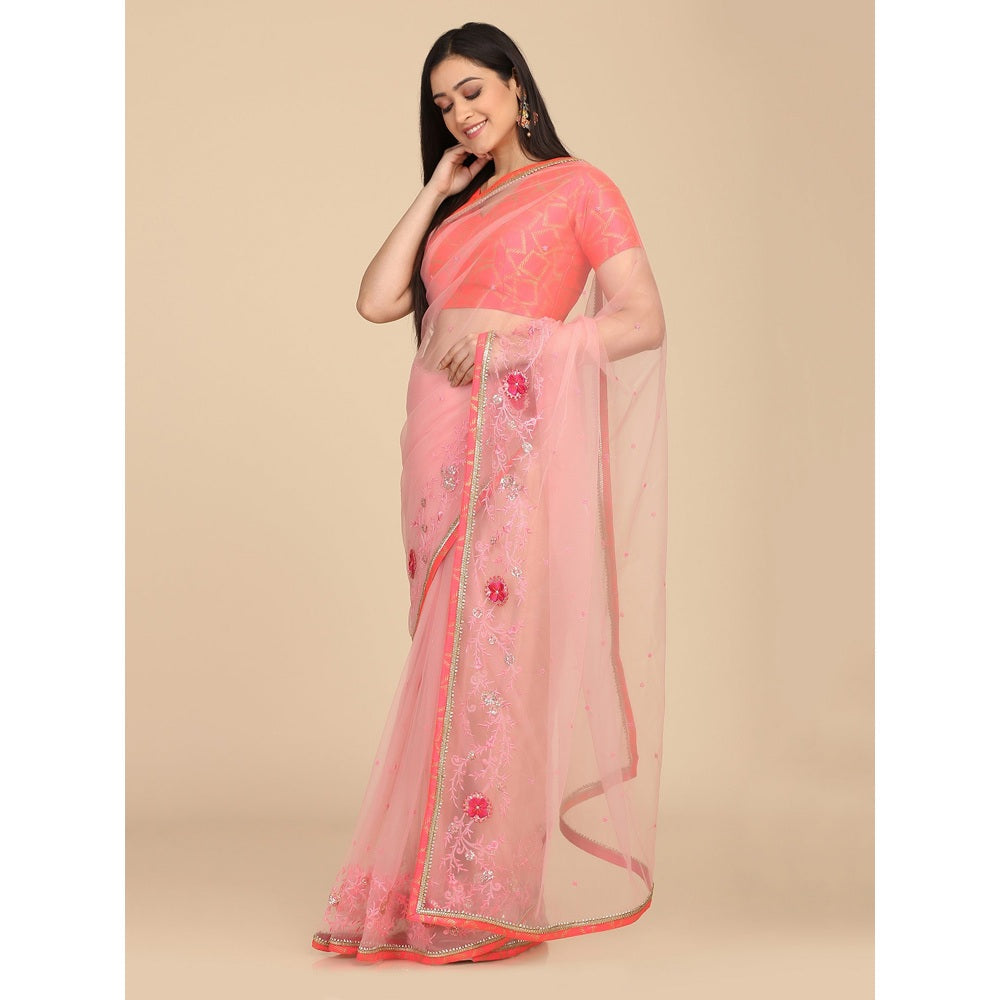 Shaily Women Pink Net Embellished Saree With Unstitched Blouse