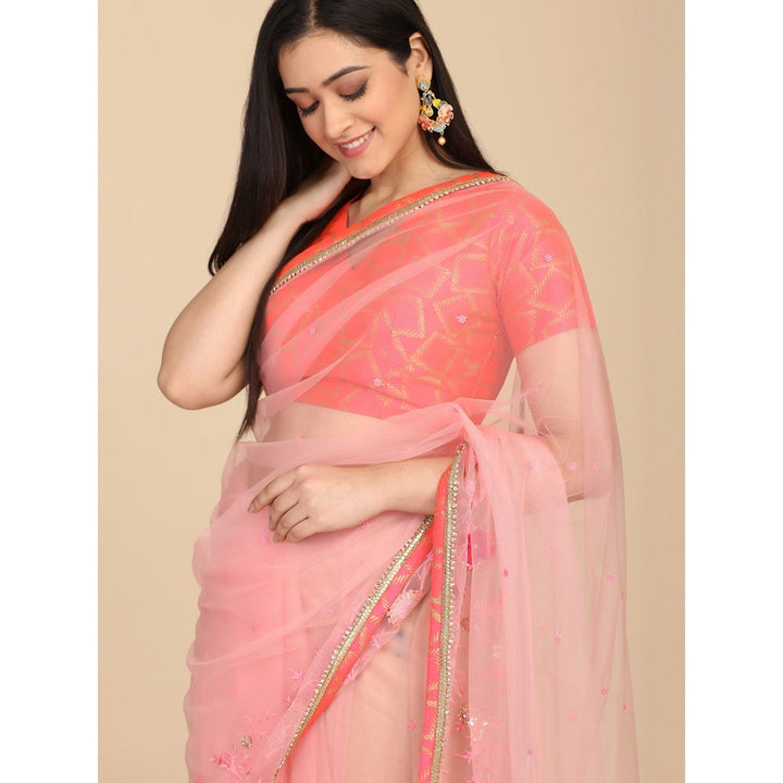 Shaily Women Pink Net Embellished Saree With Unstitched Blouse
