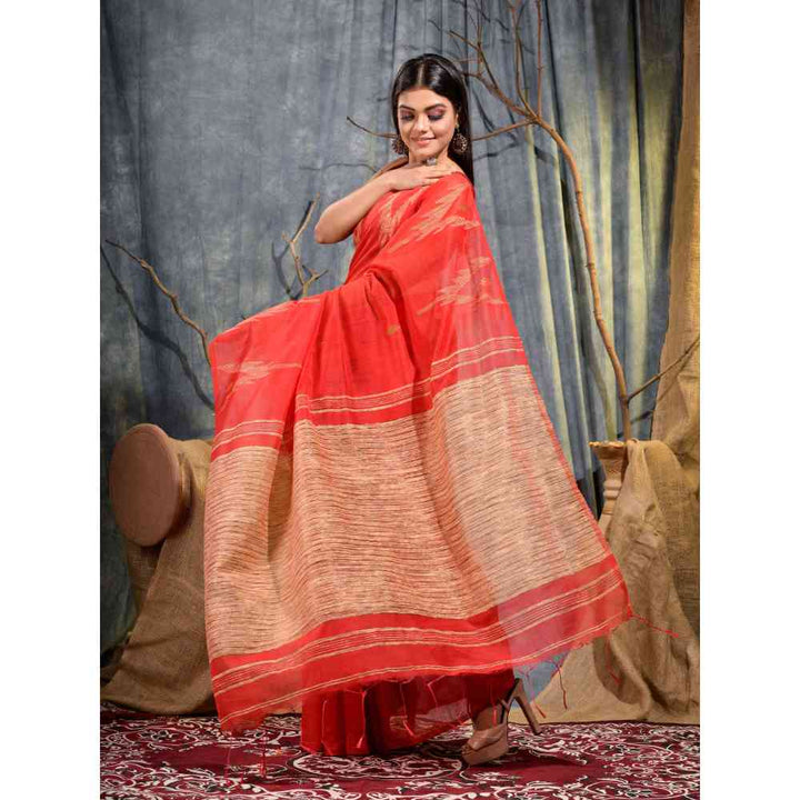 SajaSajo Orange Blended Cotton Handwoven Saree with Unstitched Blouse