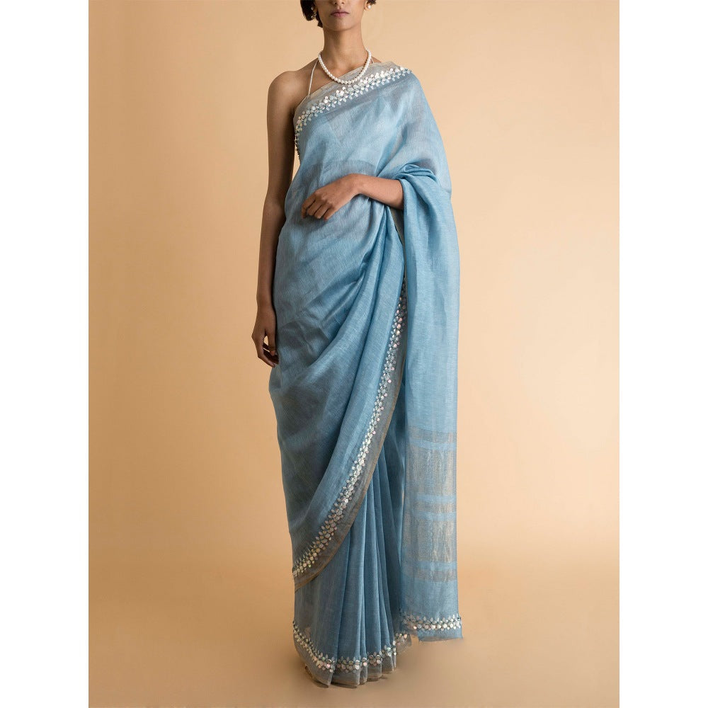 Saksham & Neharicka Blue Embroidered Linen Silk Saree With Blouse Piece