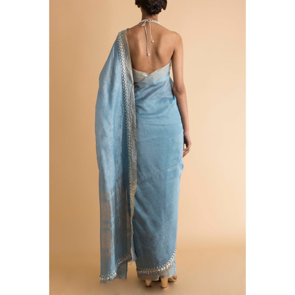 Saksham & Neharicka Blue Embroidered Linen Silk Saree With Blouse Piece