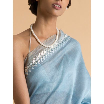 Saksham & Neharicka Blue Embroidered Linen Silk Saree With Blouse Piece