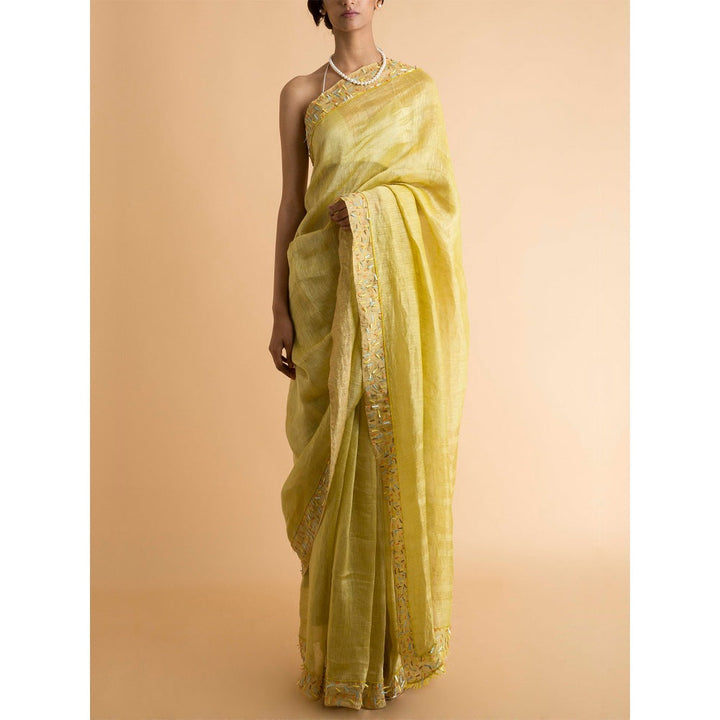 Saksham & Neharicka Yellow Embroidered Linen Silk Saree With Blouse Piece