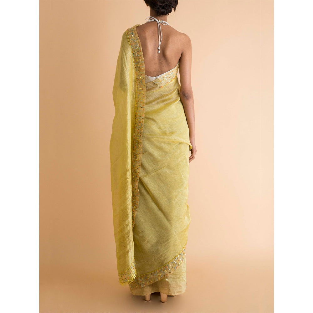 Saksham & Neharicka Yellow Embroidered Linen Silk Saree With Blouse Piece
