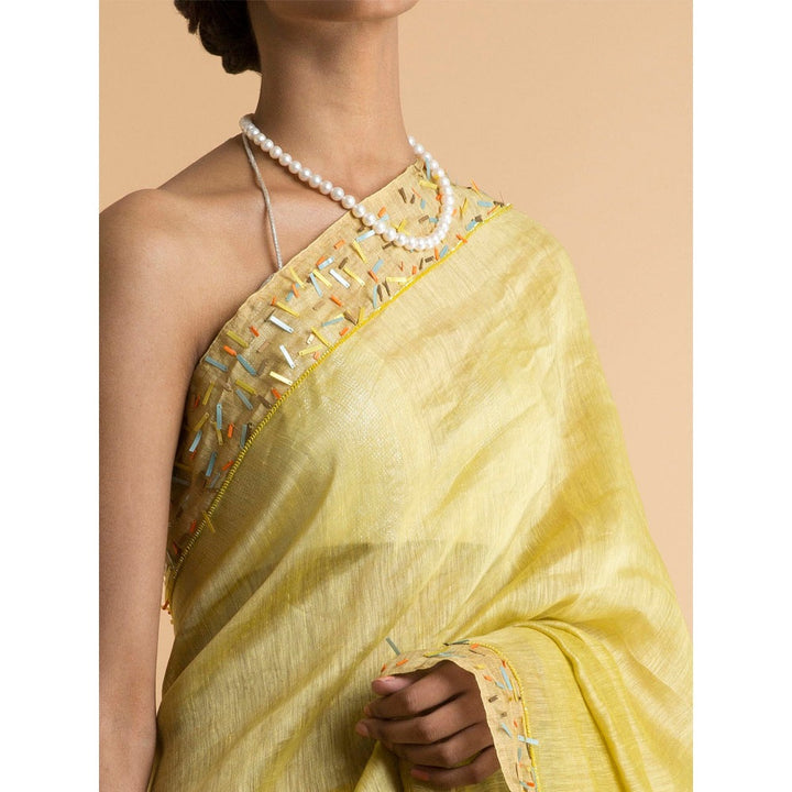 Saksham & Neharicka Yellow Embroidered Linen Silk Saree With Blouse Piece