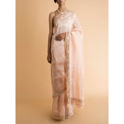 Saksham & Neharicka Peach Embroidered Linen Silk Saree With Blouse Piece