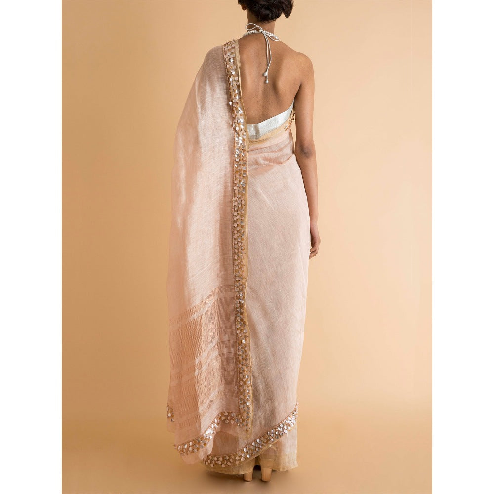 Saksham & Neharicka Peach Embroidered Linen Silk Saree With Blouse Piece