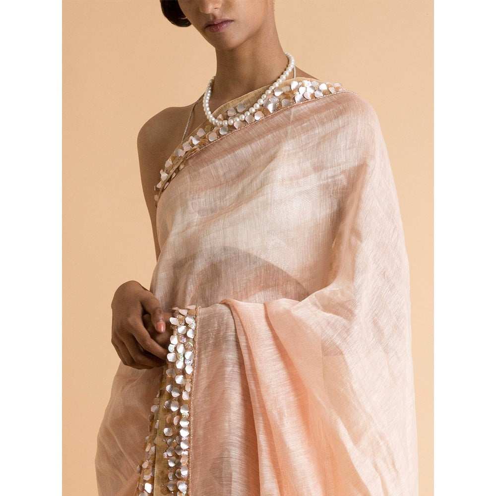 Saksham & Neharicka Peach Embroidered Linen Silk Saree With Blouse Piece