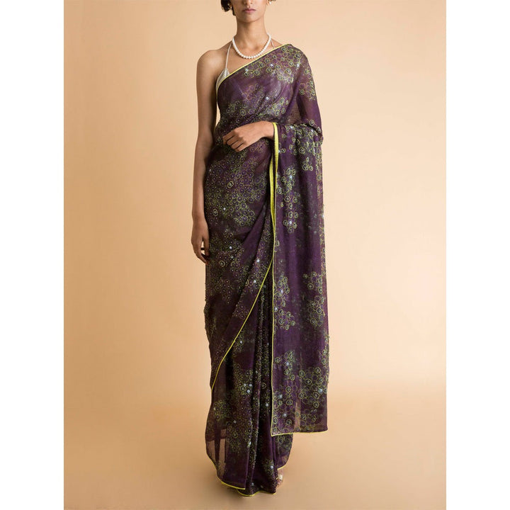 Saksham & Neharicka Purple Printed & Embroidered Saree With Blouse Piece