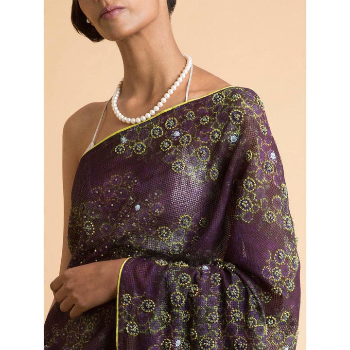 Saksham & Neharicka Purple Printed & Embroidered Saree With Blouse Piece