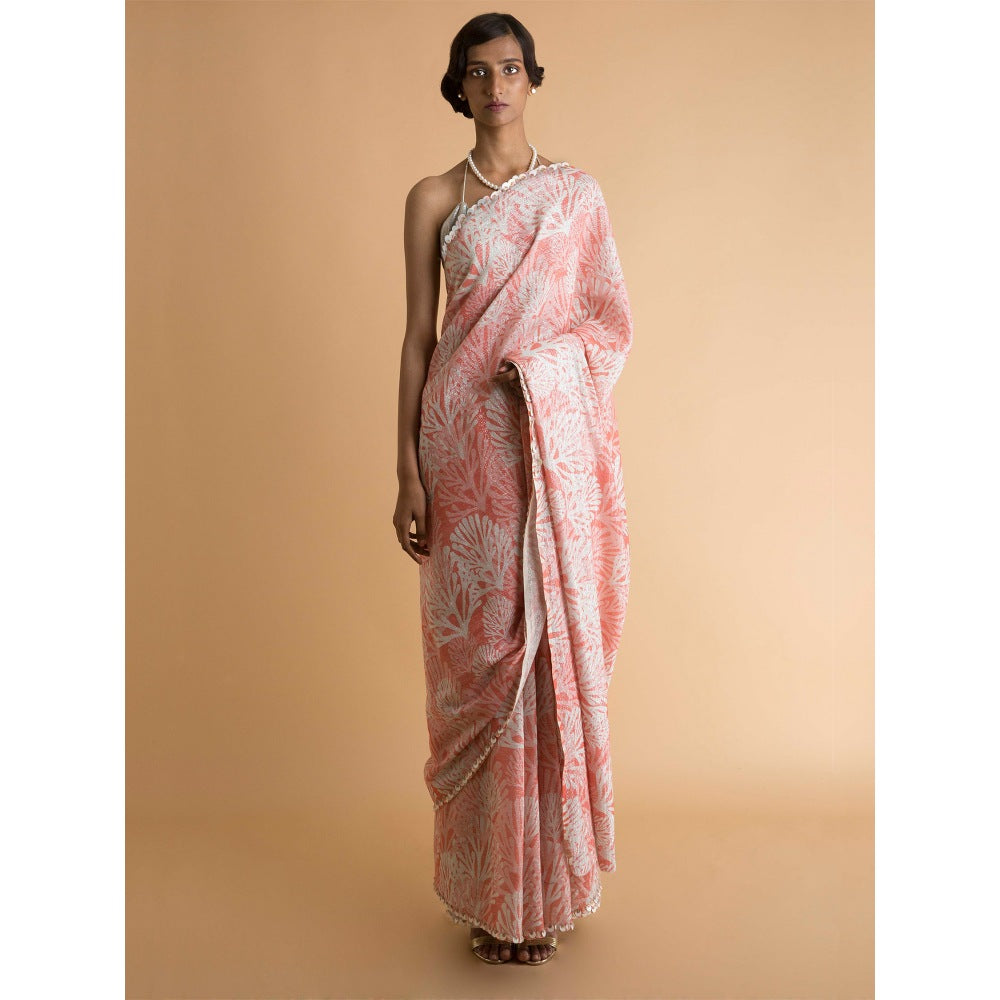 Saksham & Neharicka Peach Printed & Embroidered Saree With Blouse Piece