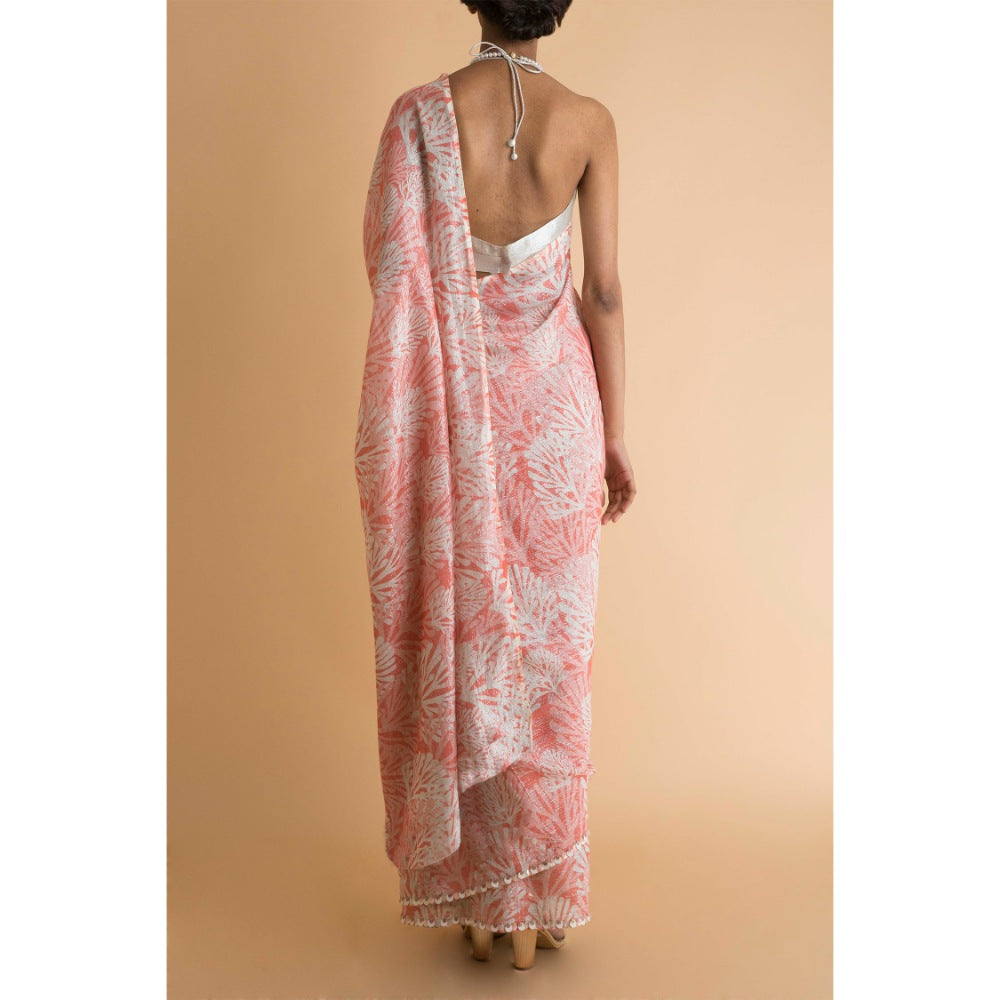 Saksham & Neharicka Peach Printed & Embroidered Saree With Blouse Piece
