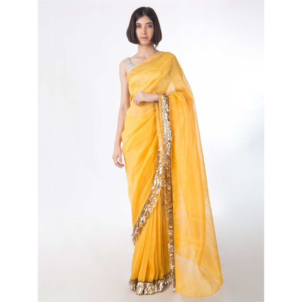 Saksham And Neharicka Yellow Embroidered Linen Silk Saree With Blouse Piece