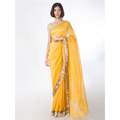 Saksham And Neharicka Yellow Embroidered Linen Silk Saree With Blouse Piece
