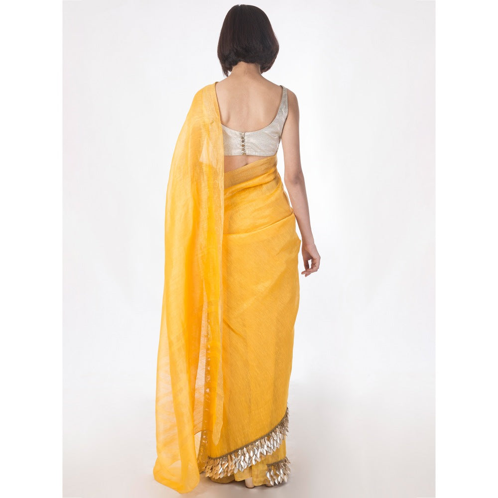 Saksham And Neharicka Yellow Embroidered Linen Silk Saree With Blouse Piece