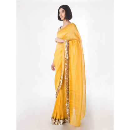 Saksham And Neharicka Yellow Embroidered Linen Silk Saree With Blouse Piece