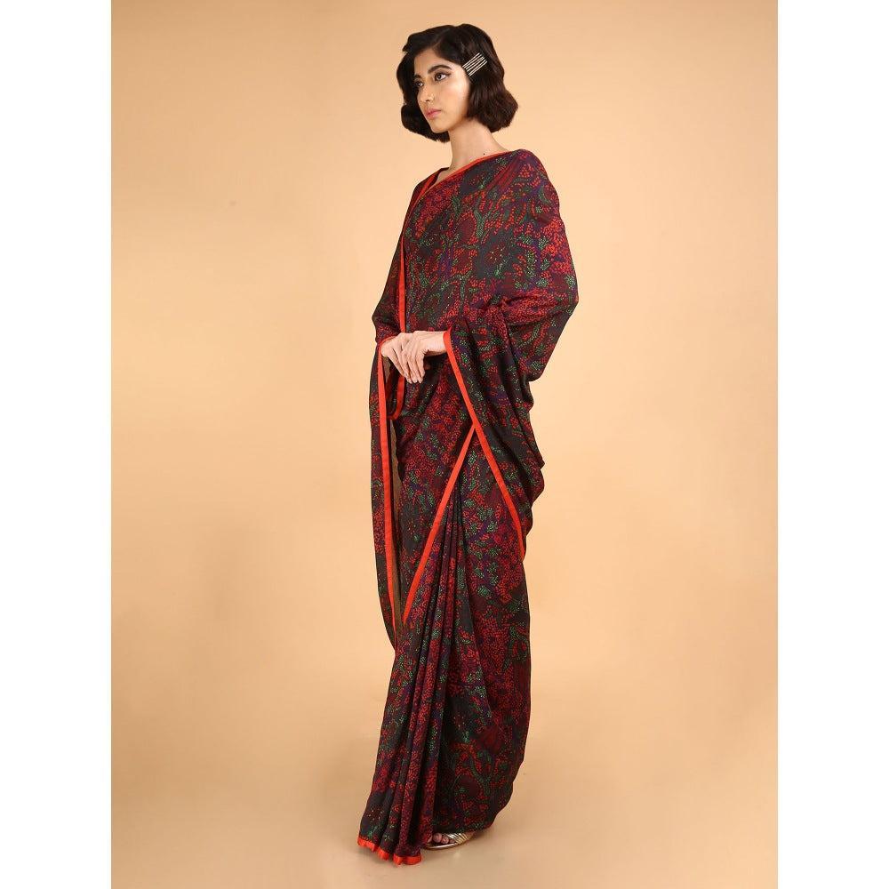 Saksham & Neharicka Red Floral Cotton Silk Printed Saree With Blouse Piece