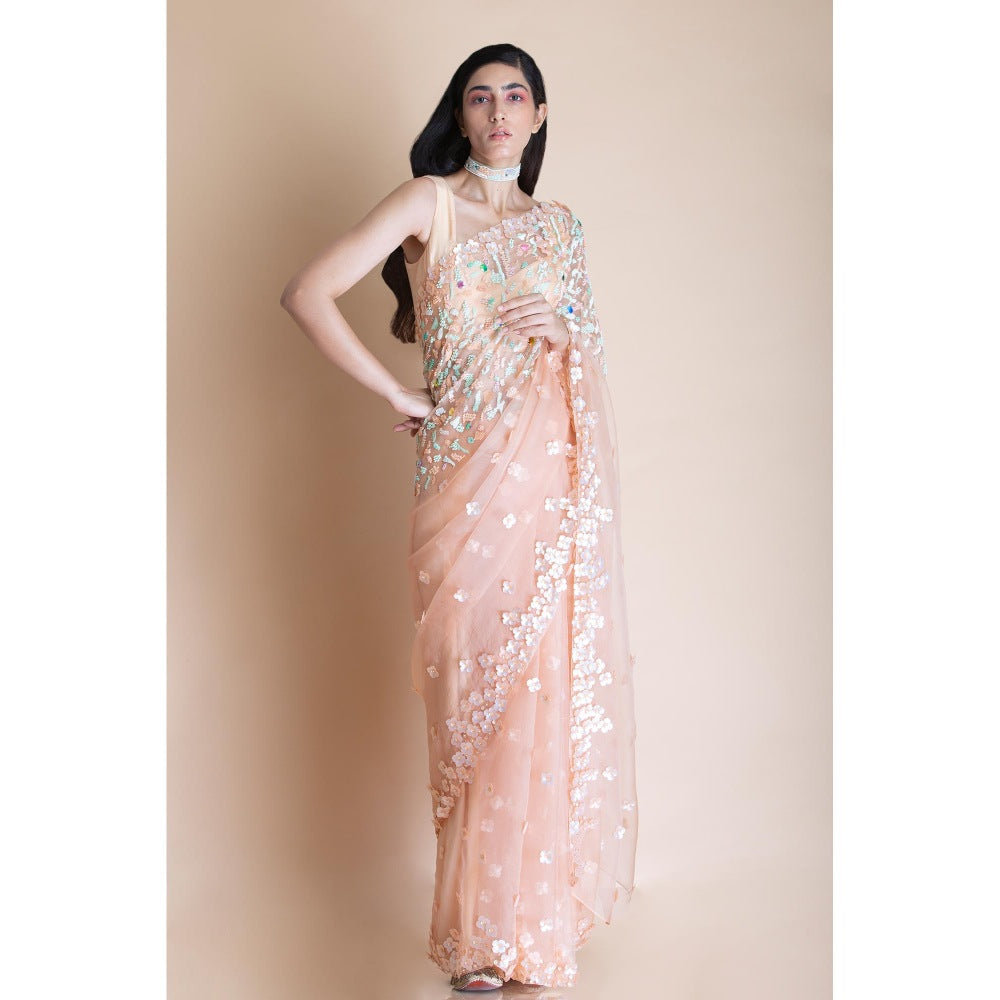 Saksham & Neharicka Peach Embellished Silk Organza Saree With Unstitched Blouse