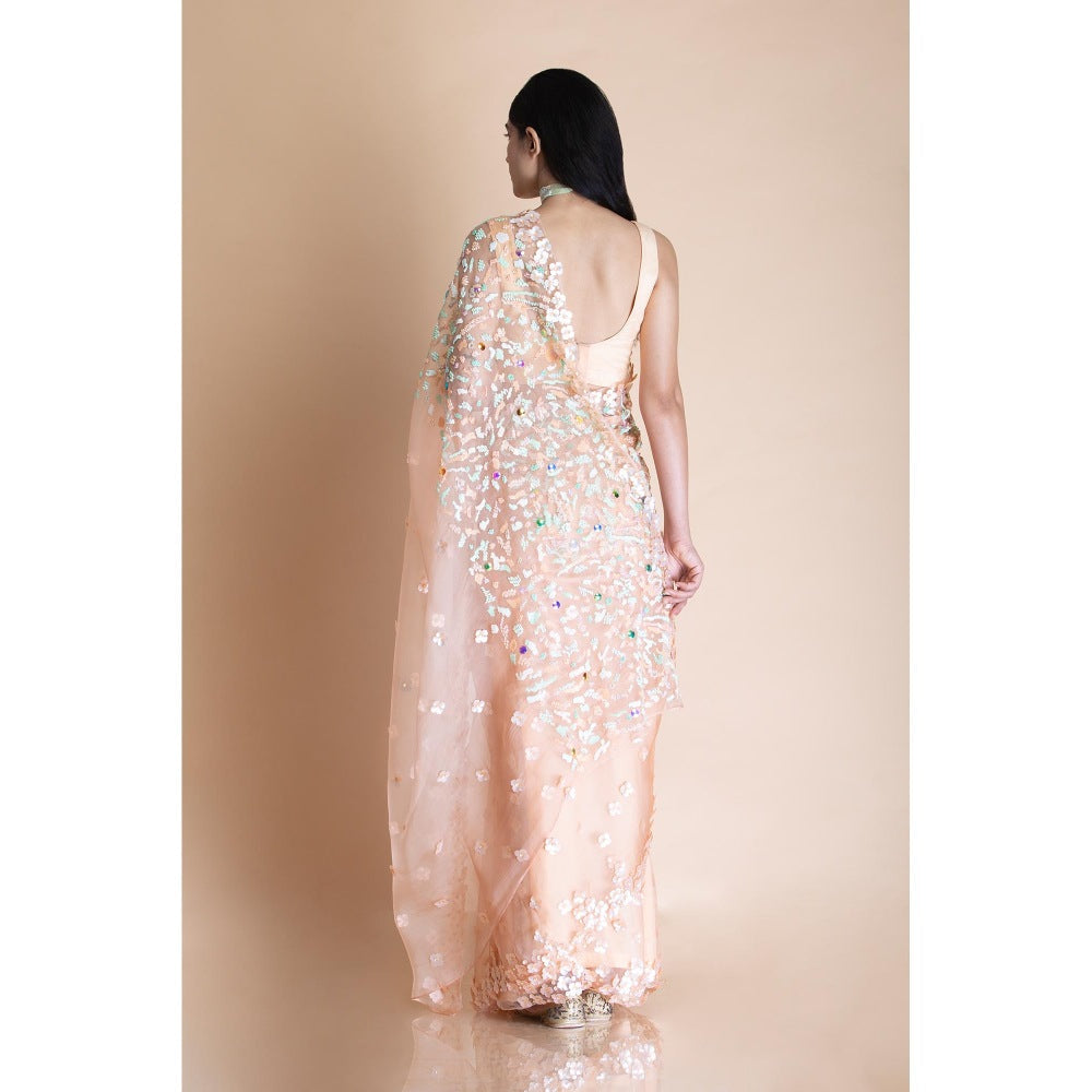 Saksham & Neharicka Peach Embellished Silk Organza Saree With Unstitched Blouse