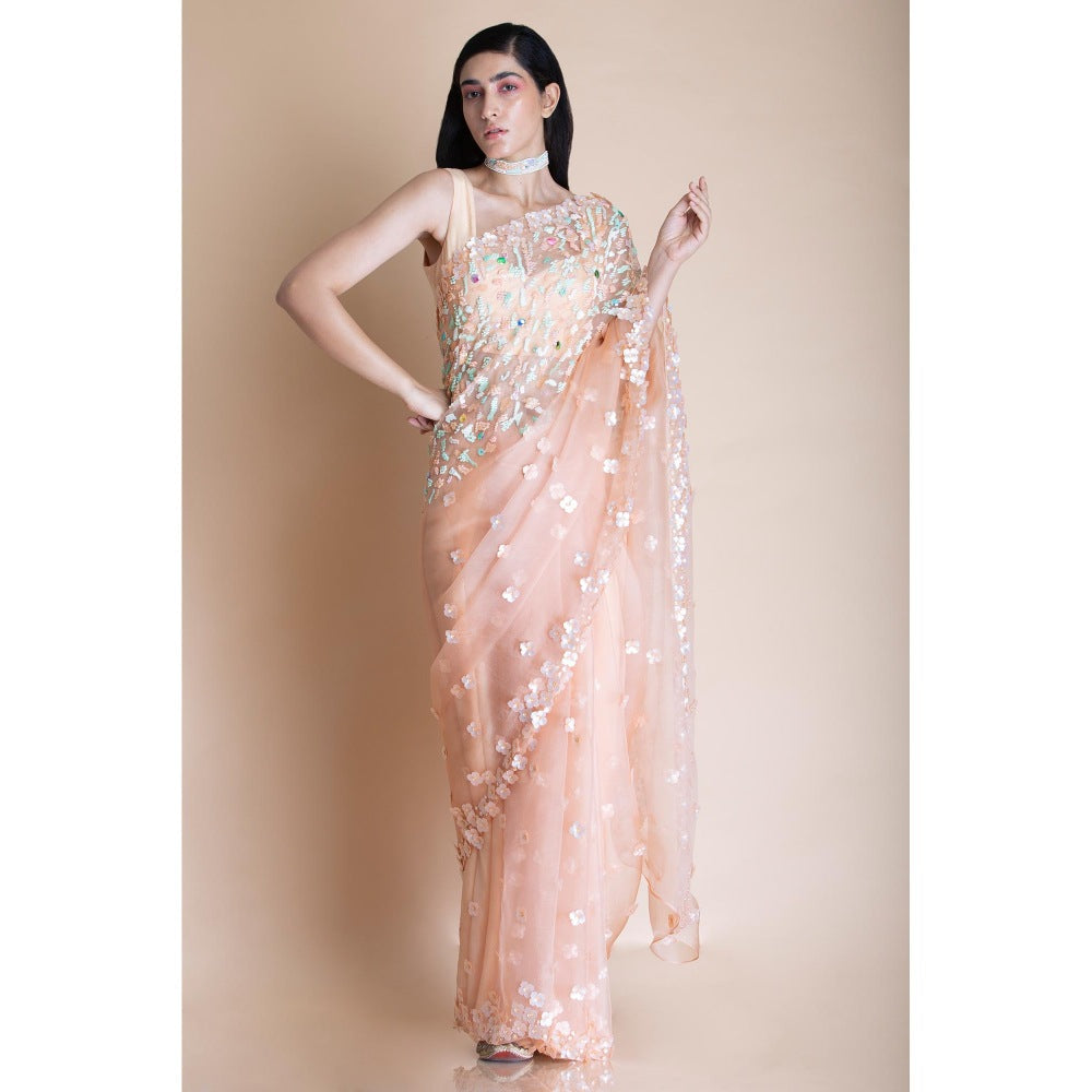 Saksham & Neharicka Peach Embellished Silk Organza Saree With Unstitched Blouse