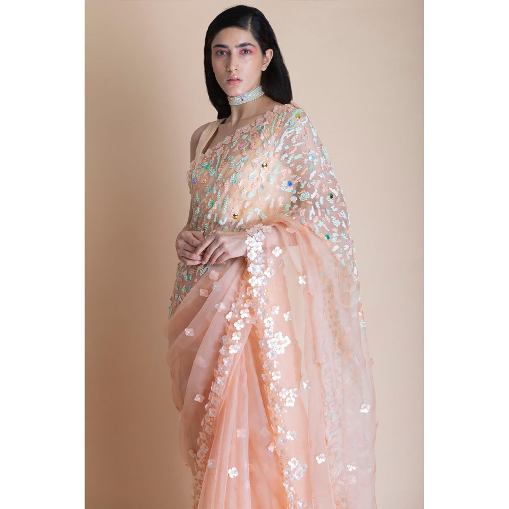 Saksham & Neharicka Peach Embellished Silk Organza Saree With Unstitched Blouse
