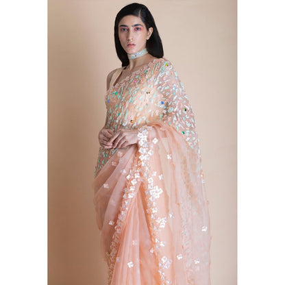 Saksham & Neharicka Peach Embellished Silk Organza Saree With Unstitched Blouse