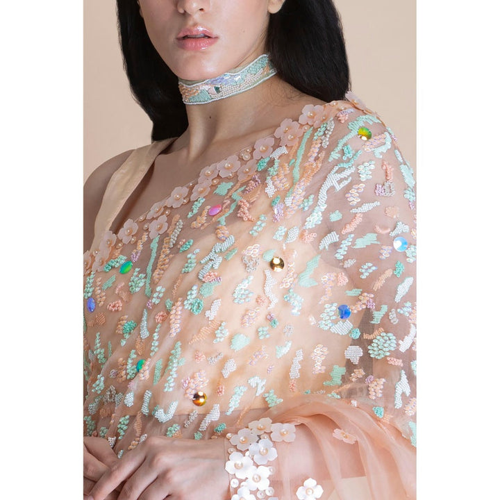 Saksham & Neharicka Peach Embellished Silk Organza Saree With Unstitched Blouse
