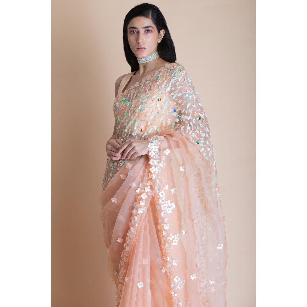 Saksham & Neharicka Peach Embellished Silk Organza Saree With Unstitched Blouse