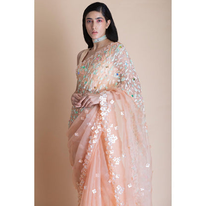 Saksham & Neharicka Peach Embellished Silk Organza Saree With Unstitched Blouse