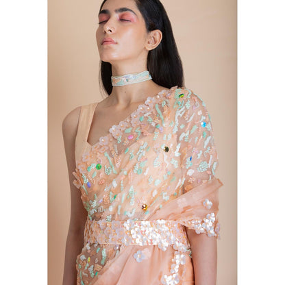 Saksham & Neharicka Peach Embellished Silk Organza Saree With Unstitched Blouse