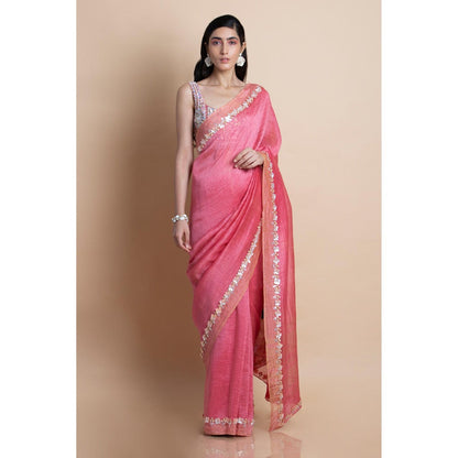 Saksham & Neharicka Pink Embellished Linen Silk Saree With Unstitched Blouse