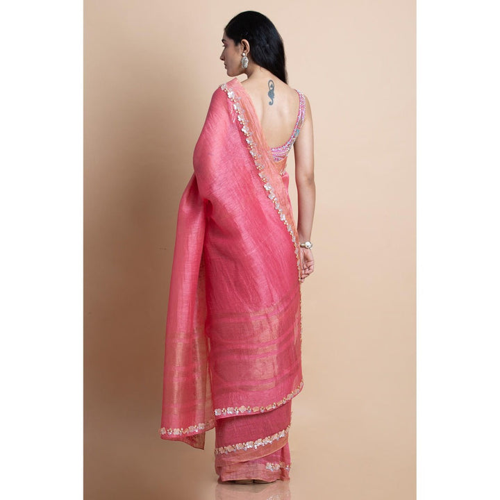 Saksham & Neharicka Pink Embellished Linen Silk Saree With Unstitched Blouse