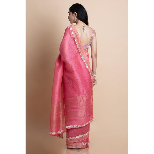 Saksham & Neharicka Pink Embellished Linen Silk Saree With Unstitched Blouse