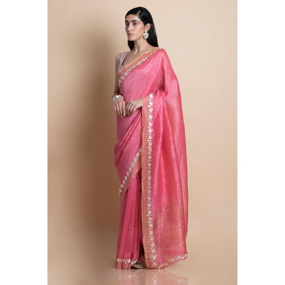 Saksham & Neharicka Pink Embellished Linen Silk Saree With Unstitched Blouse