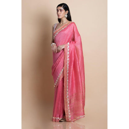 Saksham & Neharicka Pink Embellished Linen Silk Saree With Unstitched Blouse