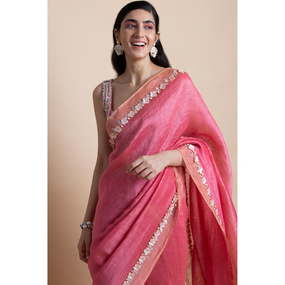 Saksham & Neharicka Pink Embellished Linen Silk Saree With Unstitched Blouse