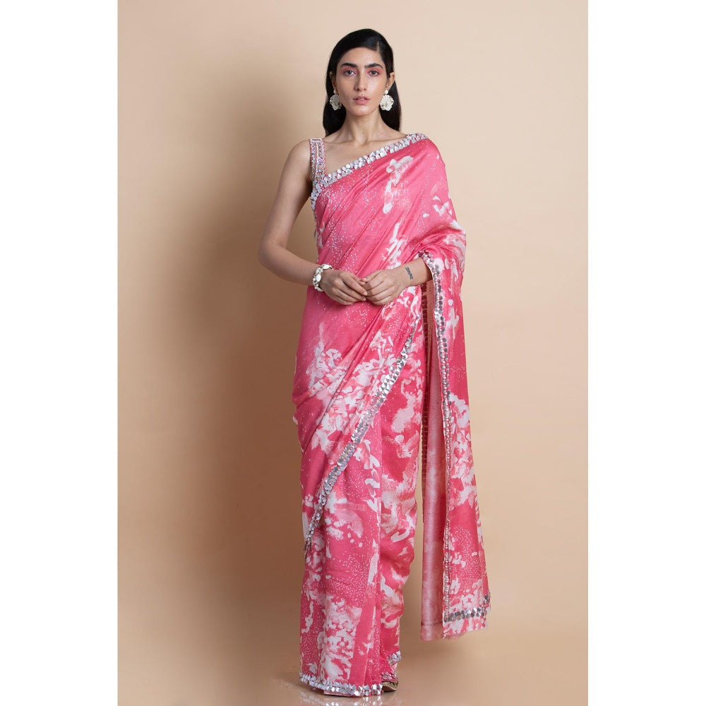 Saksham & Neharicka Pink Printed Saree With Unstitched Blouse