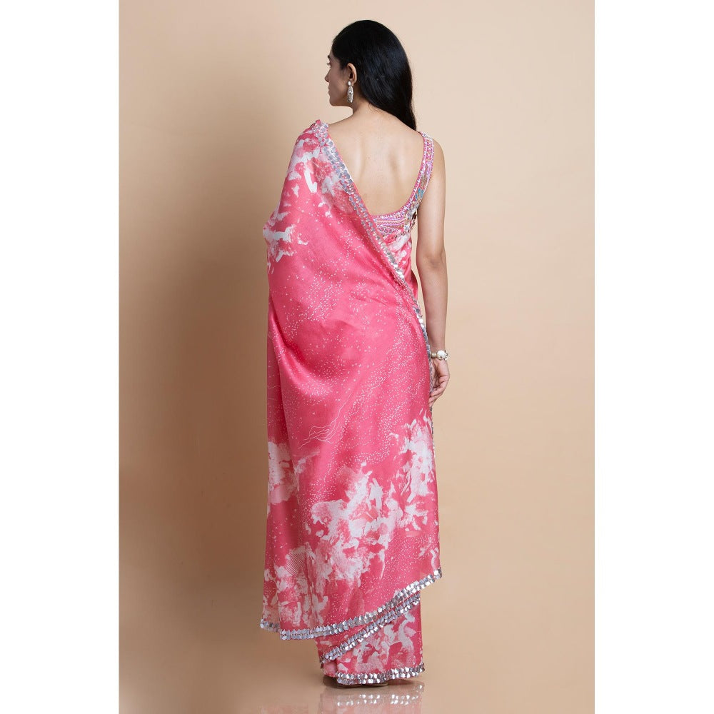Saksham & Neharicka Pink Printed Saree With Unstitched Blouse