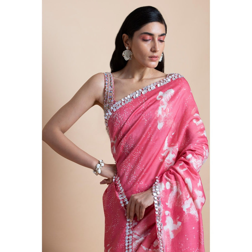 Saksham & Neharicka Pink Printed Saree With Unstitched Blouse