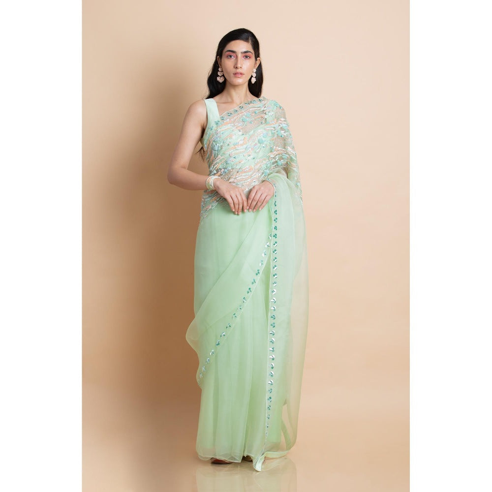 Saksham & Neharicka Mint Green Embellished Silk Organza Saree With Unstitched Blouse
