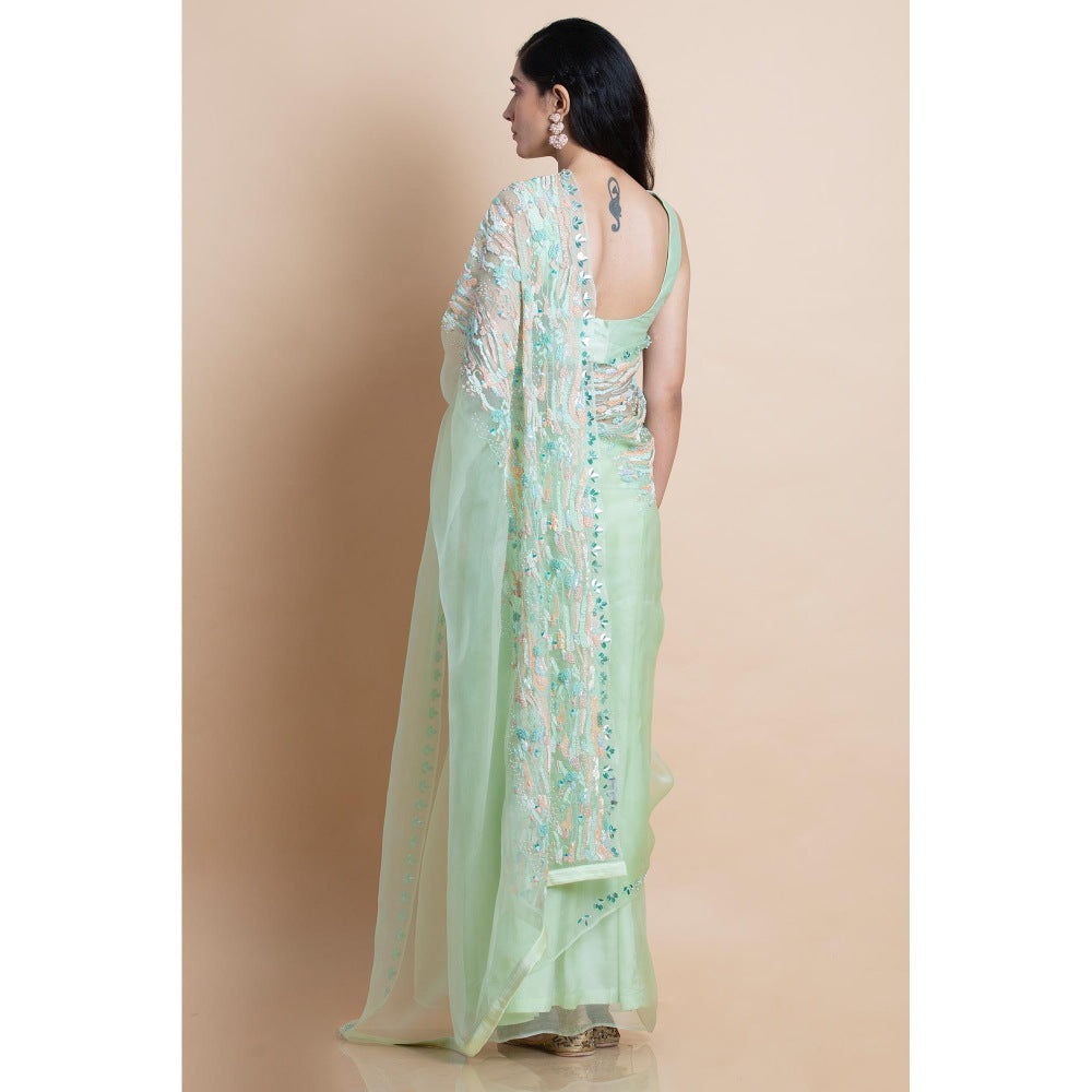 Saksham & Neharicka Mint Green Embellished Silk Organza Saree With Unstitched Blouse