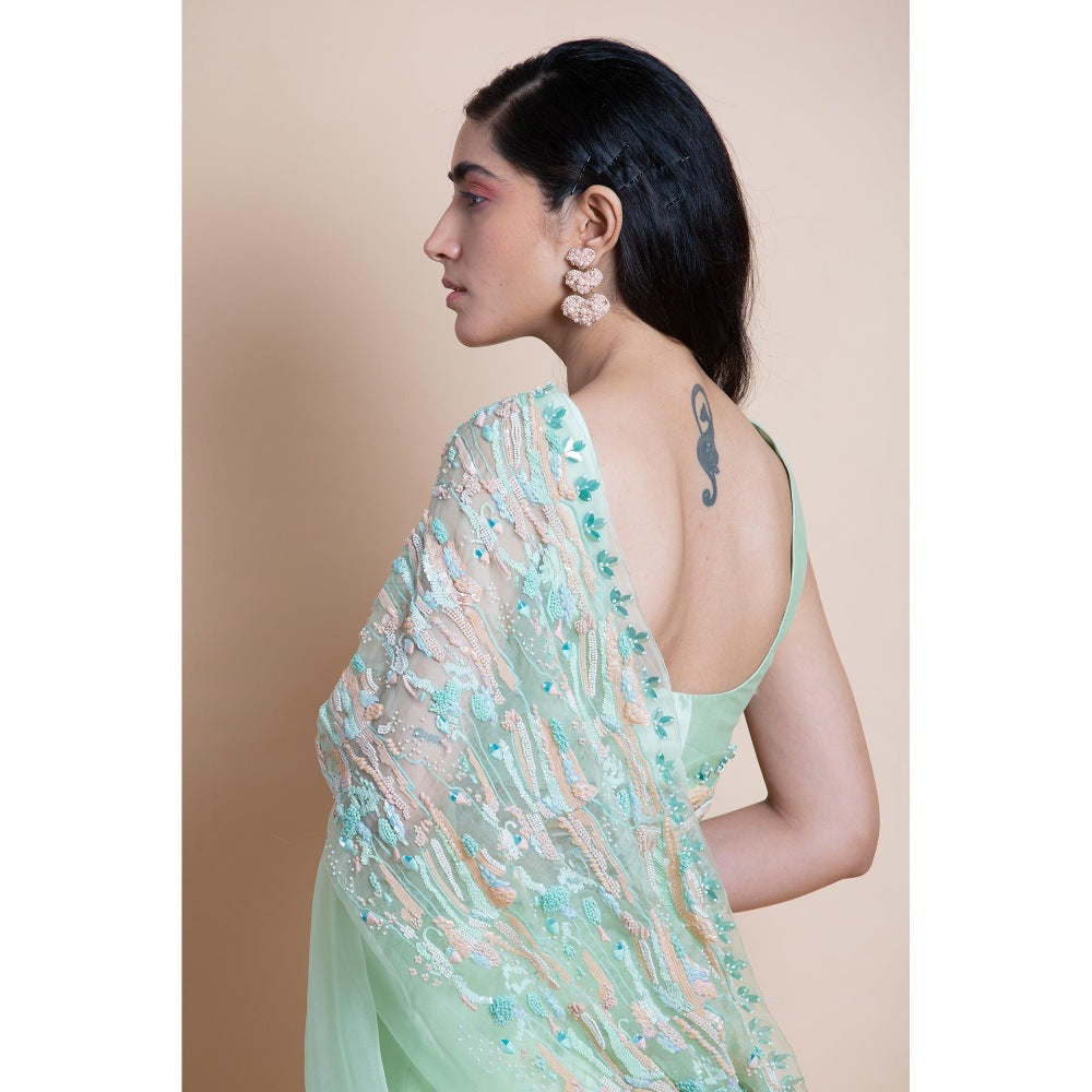 Saksham & Neharicka Mint Green Embellished Silk Organza Saree With Unstitched Blouse