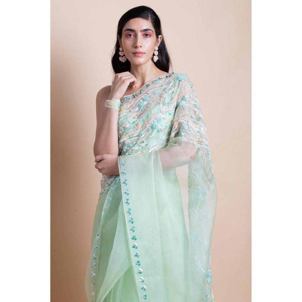 Saksham & Neharicka Mint Green Embellished Silk Organza Saree With Unstitched Blouse