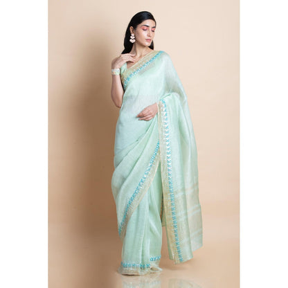 Saksham & Neharicka Mint Green Embellished Linen Silk Saree With Unstitched Blouse