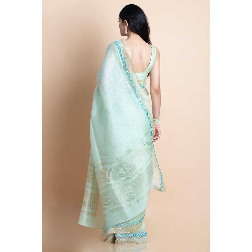 Saksham & Neharicka Mint Green Embellished Linen Silk Saree With Unstitched Blouse